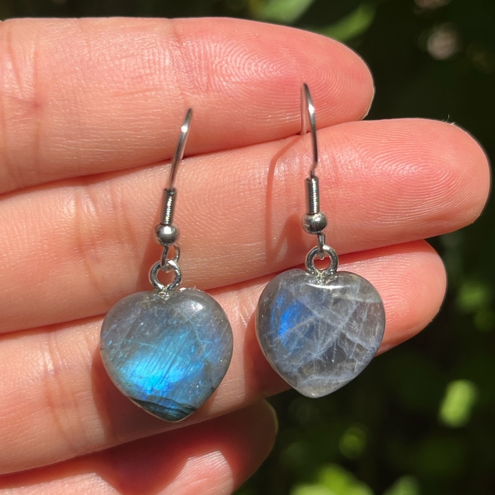 Stainless‎ steel labradorite heart drop earrings
